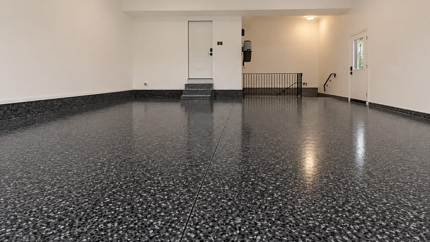 Garage floor with a new gray flake finish